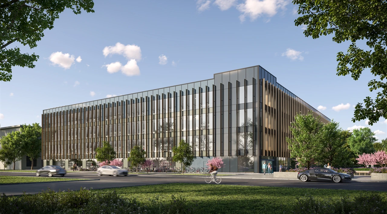 Exterior 3D rendering of a multi-story office building with vertical fins, street trees and parked cars