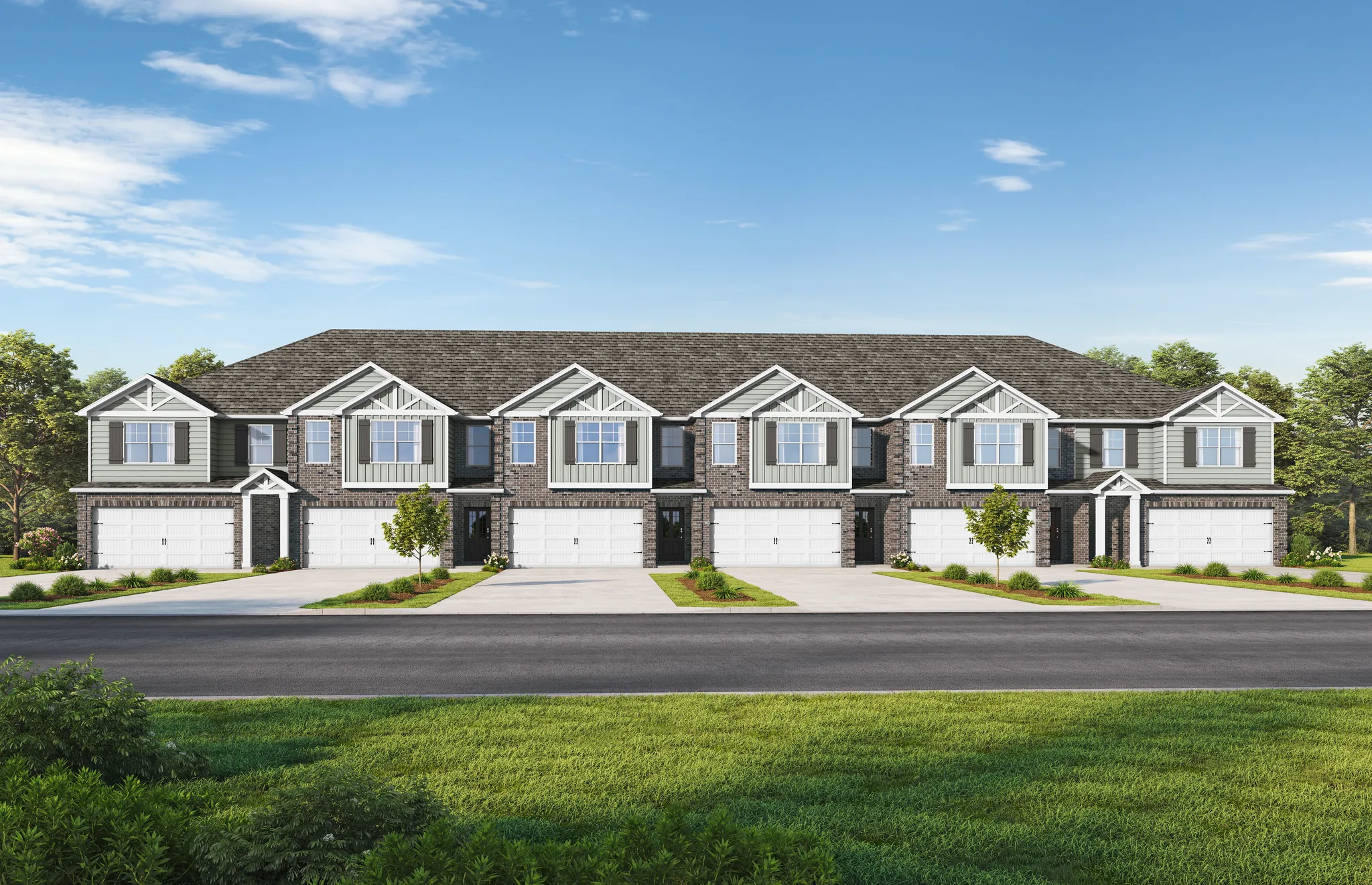 Exterior 3D rendering of a row of two-story townhomes with garages along a residential street