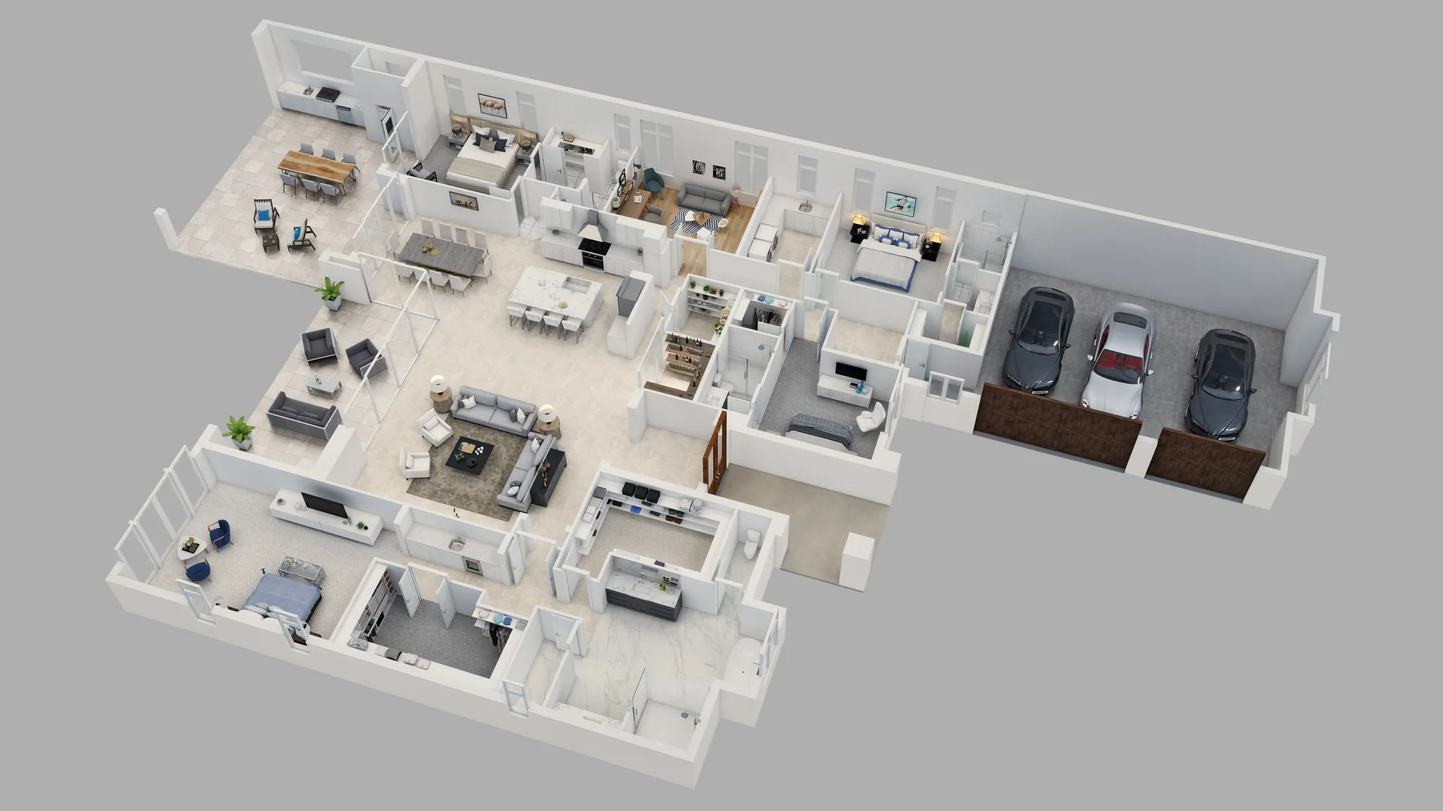3D floor plan of a single-story home with a three-car garage and furnished rooms