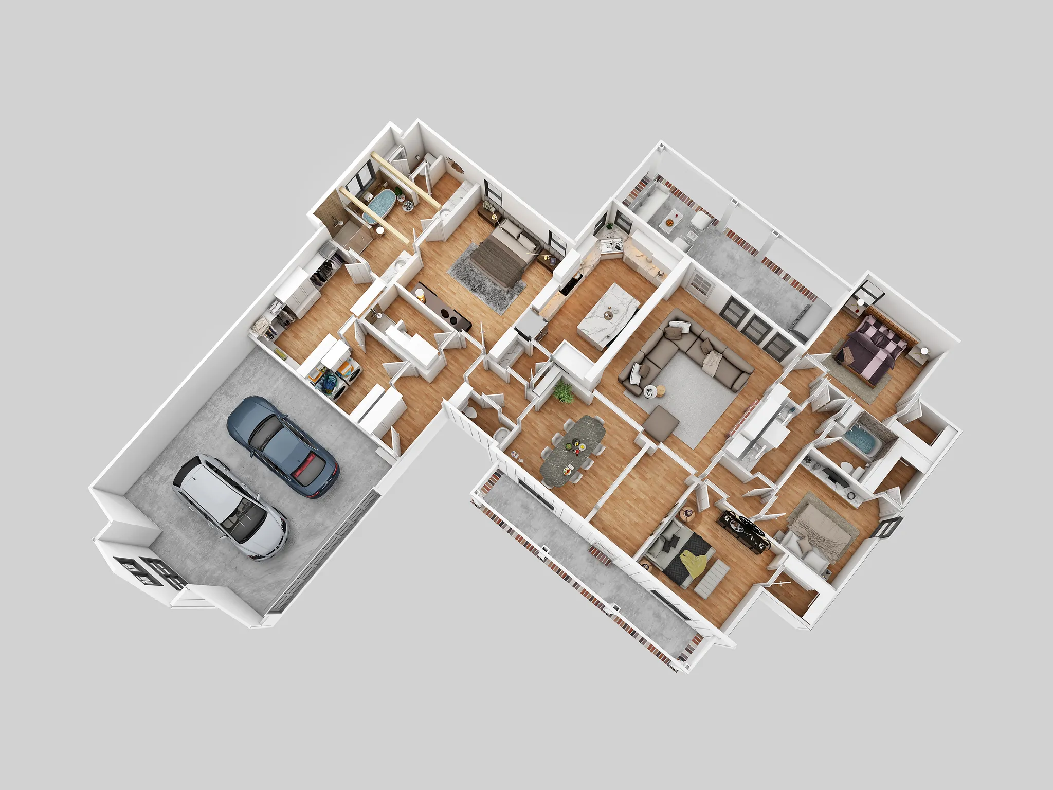 3D floor plan of a single-family home with a garage, bedrooms and furnished living areas