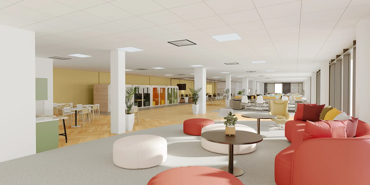 Interior 3D rendering of a ground-floor common area with coral sofas, round tables and a dining space