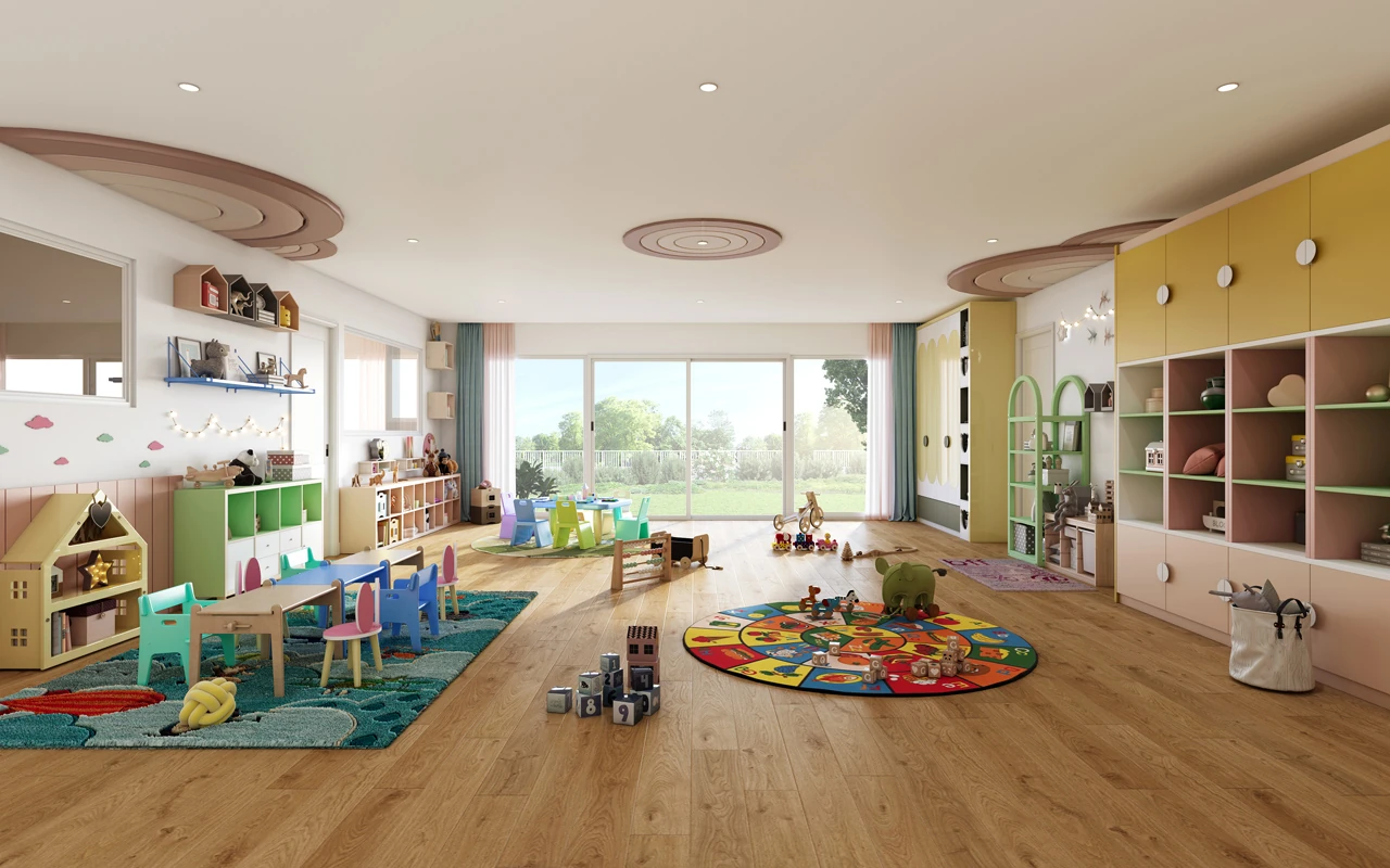 Interior 3D rendering of a daycare classroom with play rugs, small tables and colorful storage