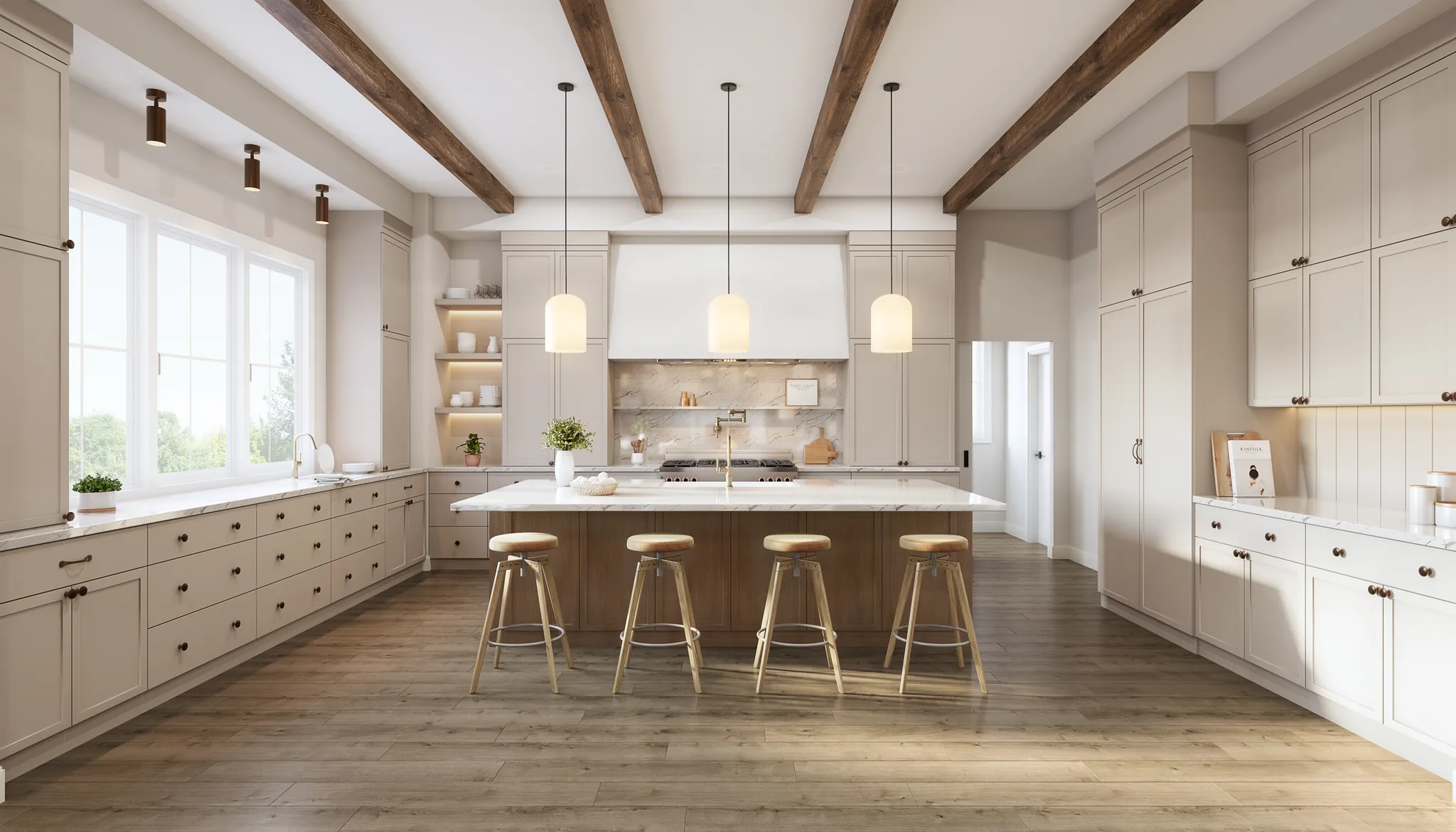 Interior 3D rendering of a kitchen with a wood island, pendant lights and exposed ceiling beams