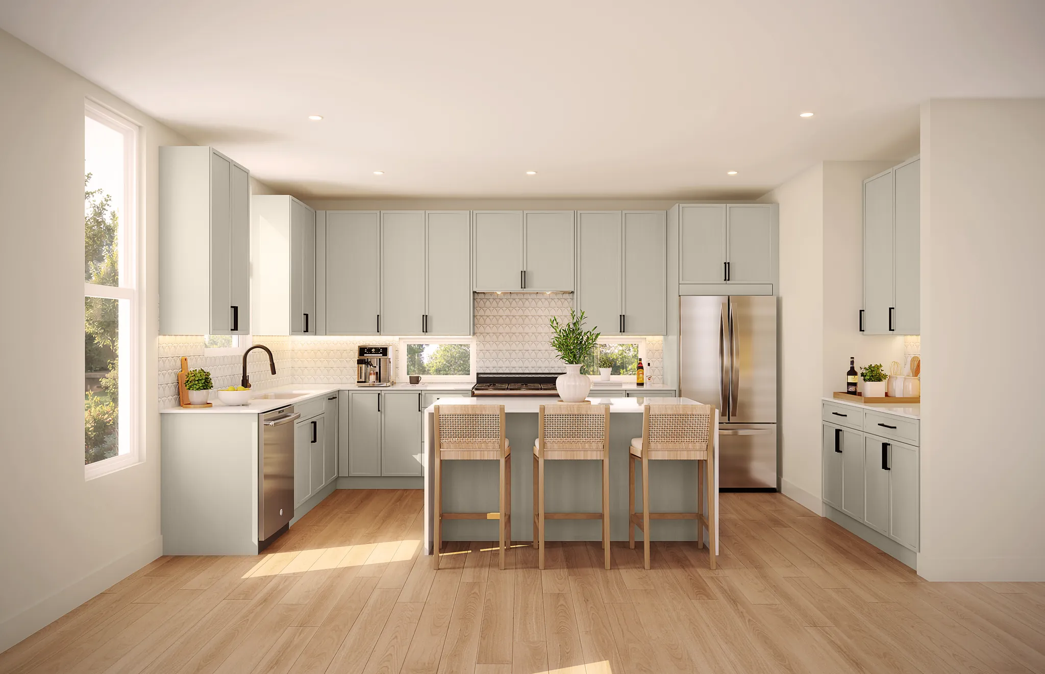 Interior 3D rendering of a bright kitchen with a white island, bar stools and stainless appliances