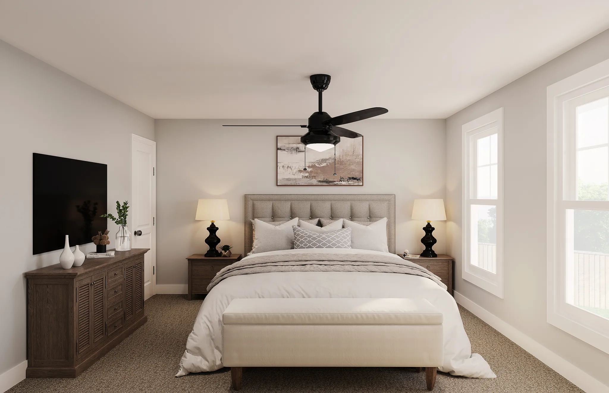 Interior 3D rendering of a master bedroom with an upholstered bed, ceiling fan and dresser