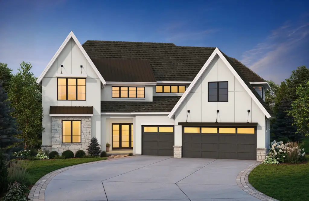 Twilight 3D rendering of a modern farmhouse exterior with warm interior lighting and a three-car garage