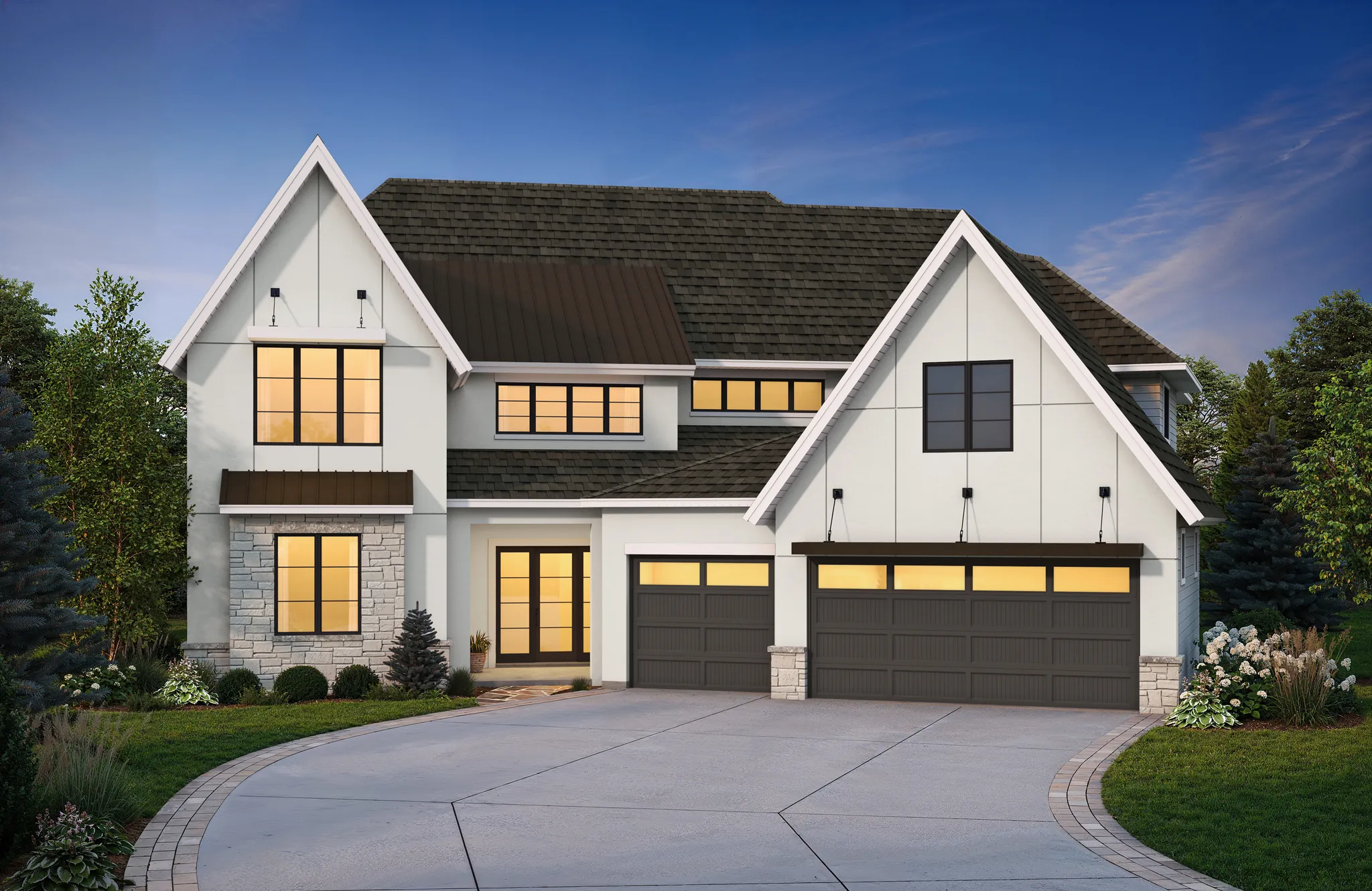 Twilight 3D rendering of a modern farmhouse with warm interior lighting and a three-car garage