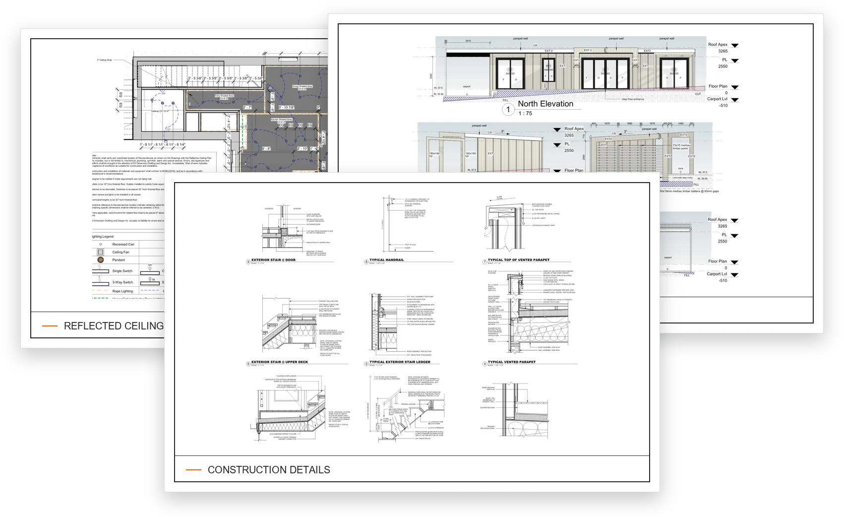 Construction drawing sheet set: a construction details sheet in front of a reflected ceiling plan and exterior elevations