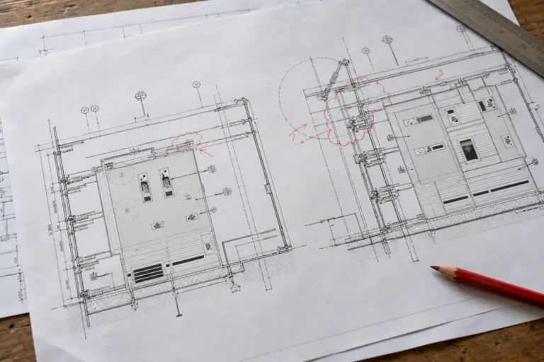 Architectural print with red review marks and a red pencil on a desk.