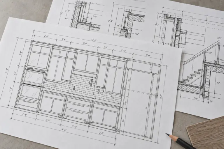 Cabinet elevation drawing beside a timber sample and pencil.