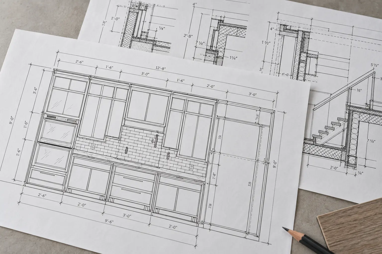 Cabinet elevation drawing beside a timber sample and pencil.
